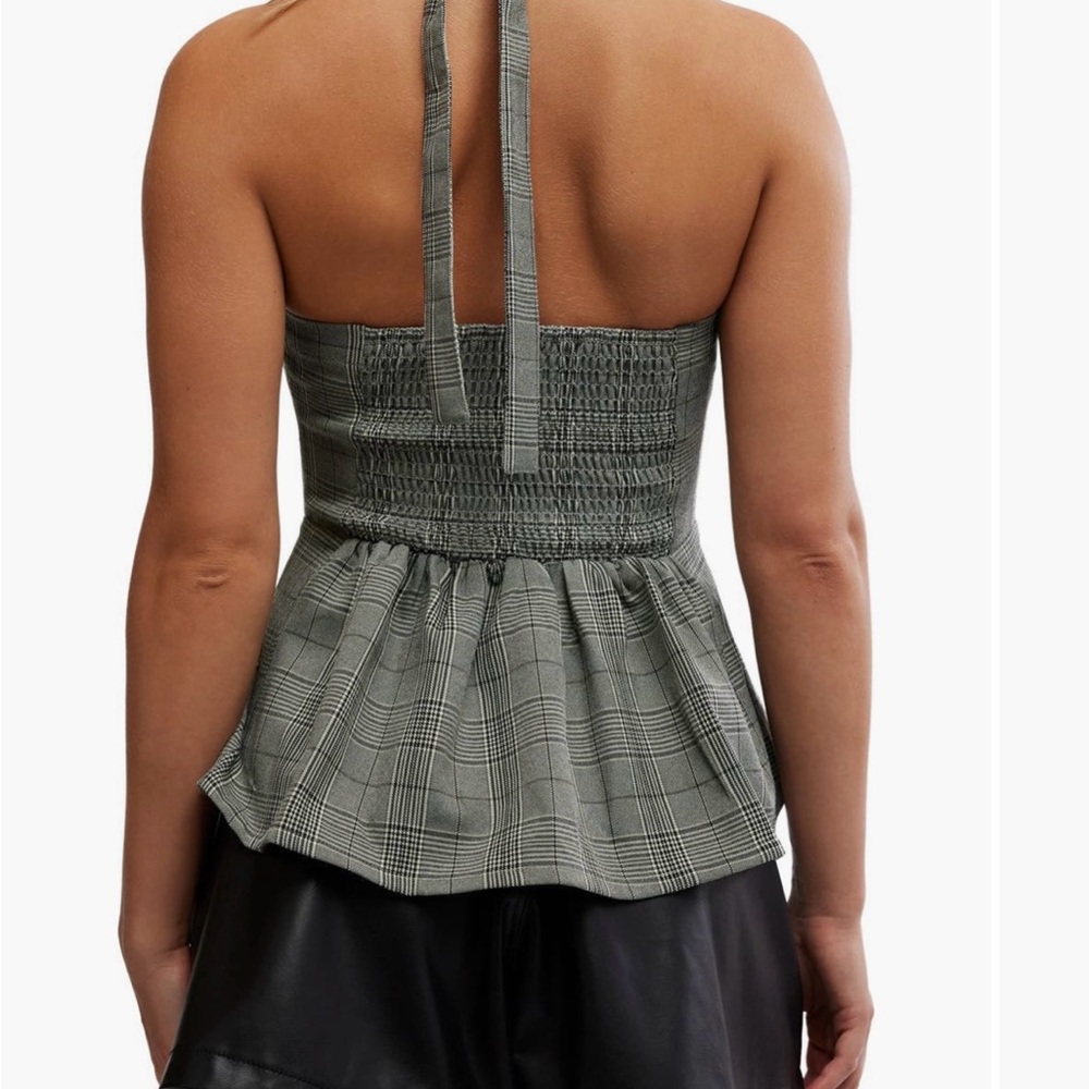 Free People Gray Plaid Button-Down Peplum Blouse - Picture 2 of 6